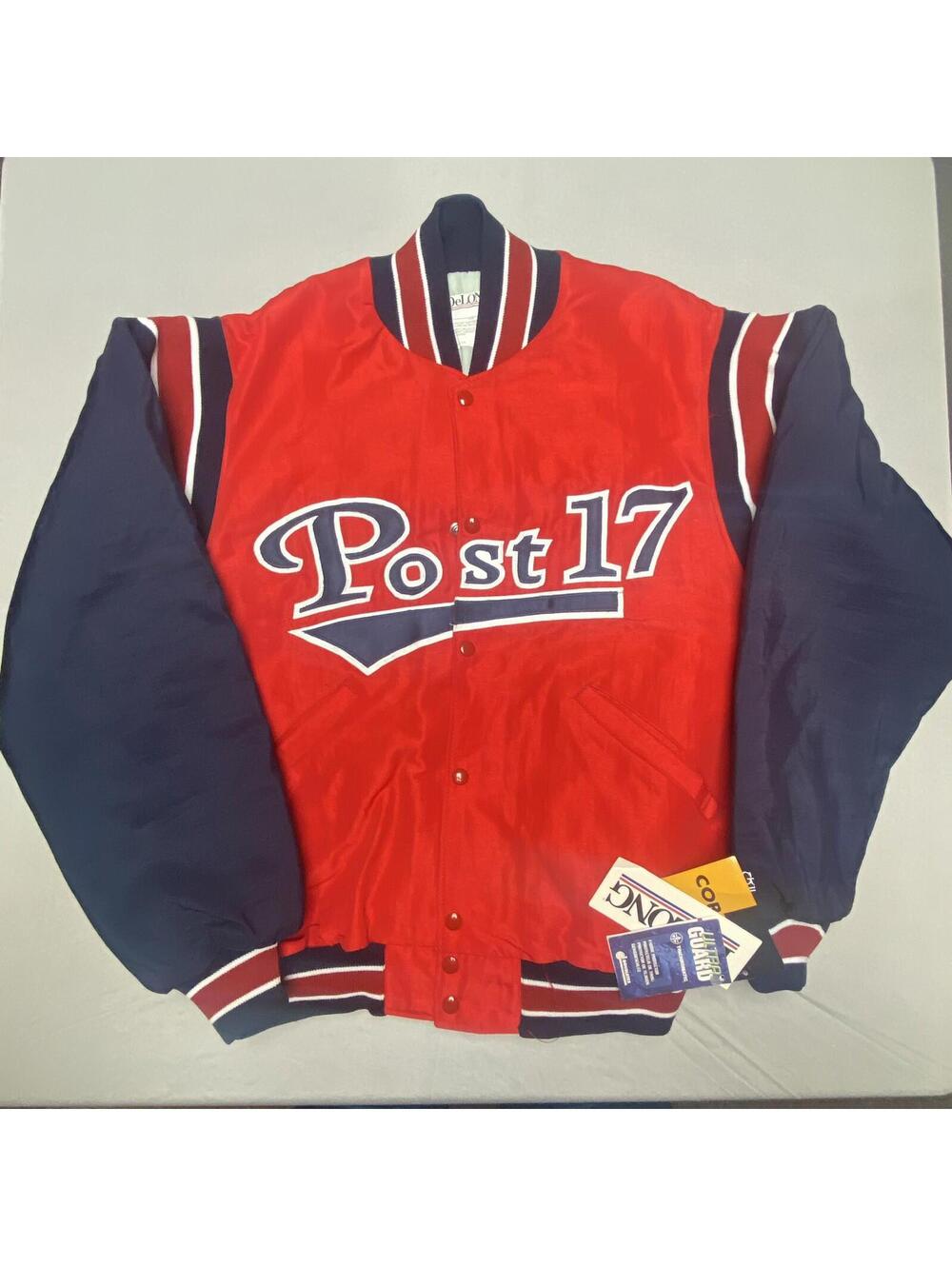 VTG DeLong Bomber Jacket Large Red Blue Chalkline Watertown, SD Post 17